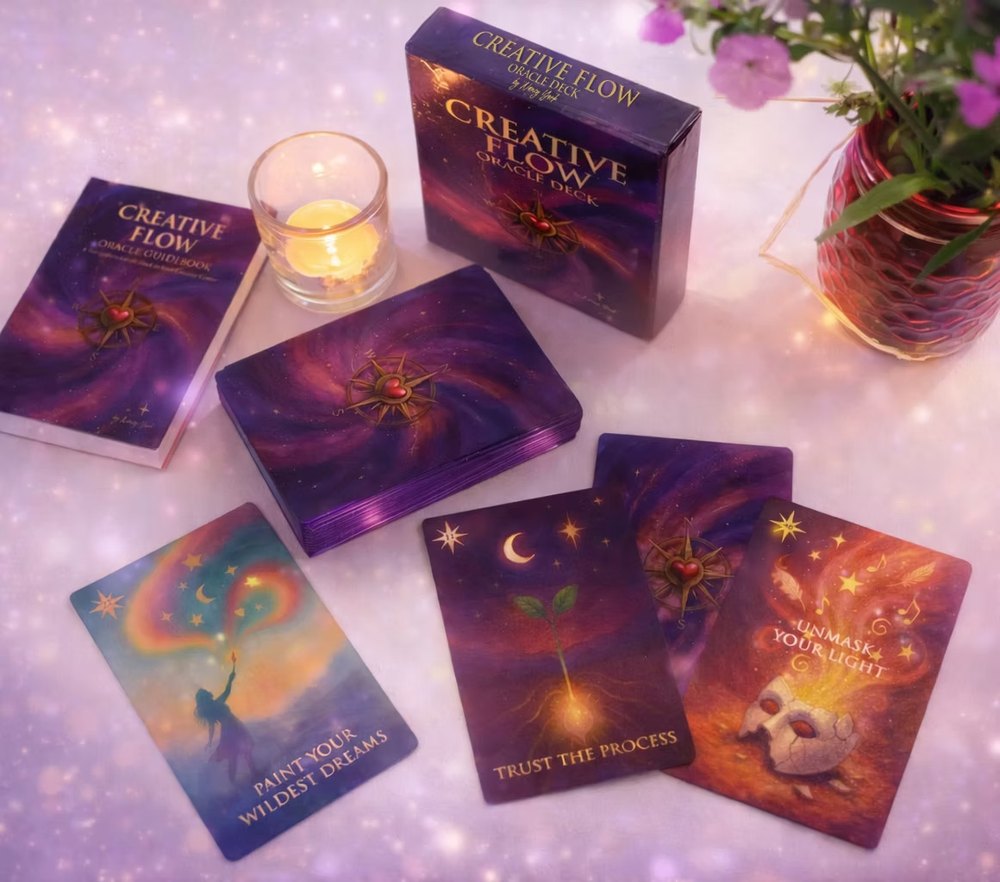 Creative Flow Oracle deck, guidebook, candle, flowers and cards